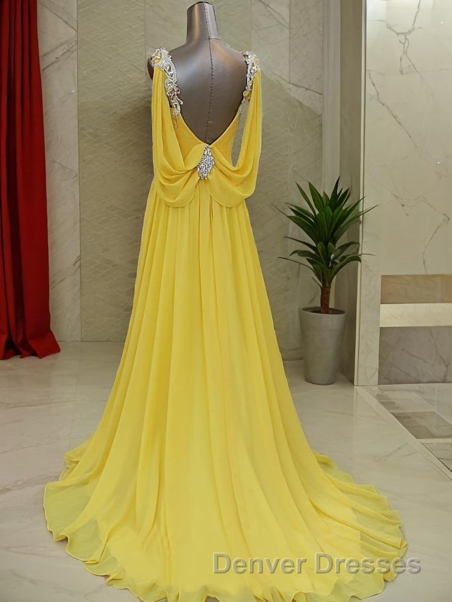 A-Line/Princess Straps Sweep Train Chiffon Prom Dress With Beading