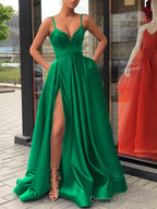 A-Line/Princess Straps Sweep Train Satin Prom Dresses With Leg Slit
