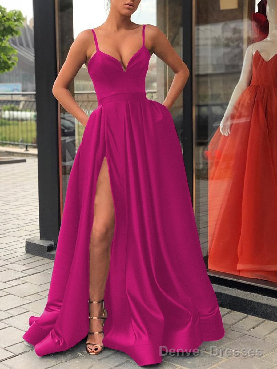 A-Line/Princess Straps Sweep Train Satin Prom Dresses With Leg Slit