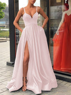 A-Line/Princess Straps Sweep Train Satin Prom Dresses With Leg Slit