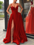 A-Line/Princess Straps Sweep Train Satin Prom Dresses With Leg Slit