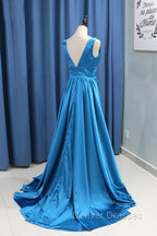 A-Line/Princess Sweep Train Sleeveless Satin V-Neck Bridesmaid Dress