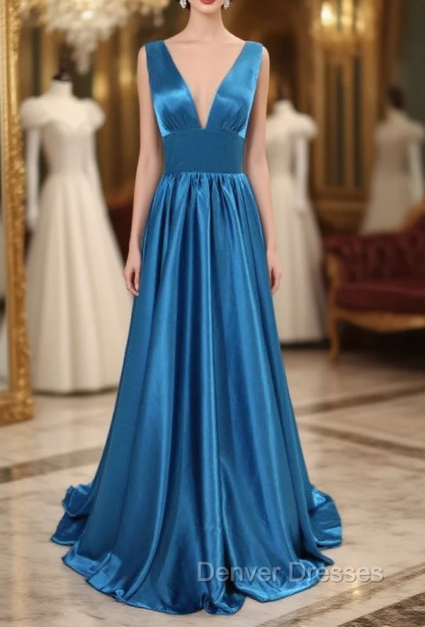 A-Line/Princess Sweep Train Sleeveless Satin V-Neck Bridesmaid Dress Main image