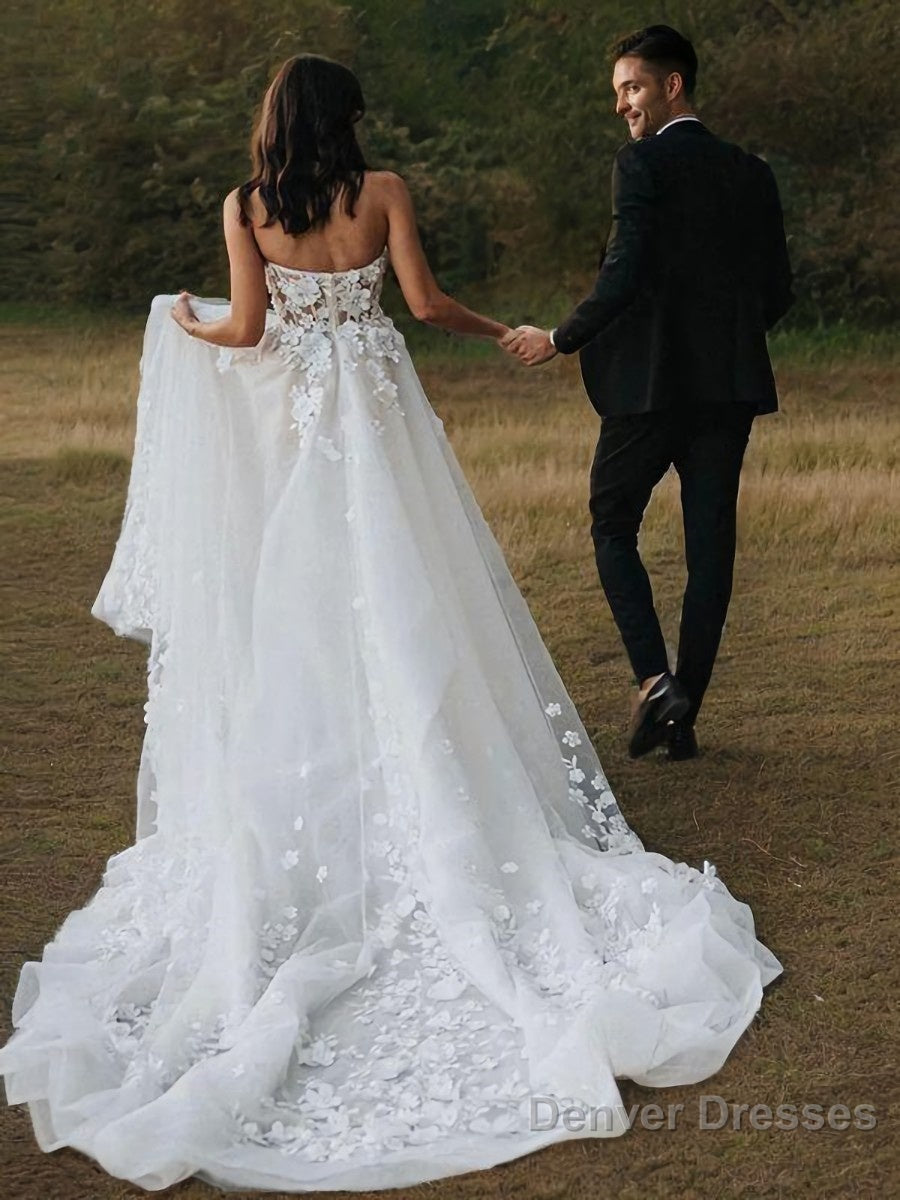 A-Line/Princess Sweetheart Court Train Tulle Wedding Dresses With Appliques Lace Secondary image