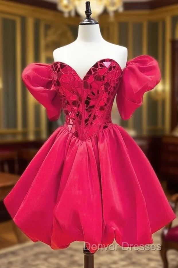 A-line Princess Sweetheart Short Sleeve Short/Mini Satin Homecoming Dress with Sequins Bubble S10237003H Main image