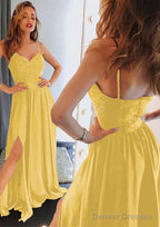 A-line/Princess Sweetheart Sleeveless Long/Floor-Length Charmeuse Prom Dresses With Split Lace