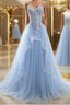 A-Line/Princess Sweetheart Sweep Train Tulle Prom Dress With Appliques Lace