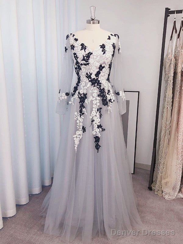 A-Line Princess Tulle Applique V-Neck Long Sleeves Floor-Length Prom Dresses Secondary image