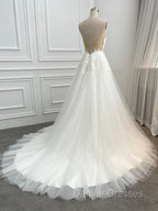 A-Line/Princess Tulle Applique V-Neck Sleeveless Chapel Train Wedding Dress