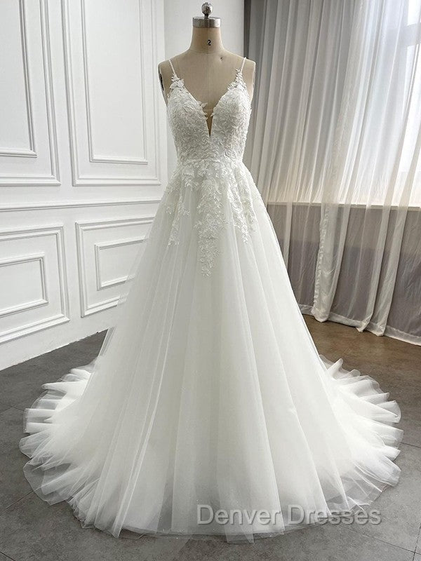 A-Line/Princess Tulle Applique V-Neck Sleeveless Chapel Train Wedding Dress