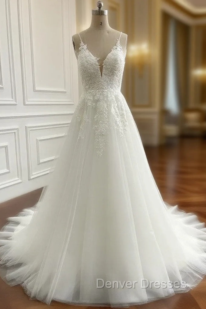 A-Line/Princess Tulle Applique V-Neck Sleeveless Chapel Train Wedding Dress Main image