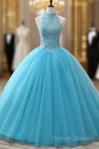 A-Line/Princess Tulle Appliques Lace Prom Dress With Beading