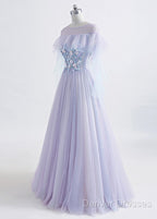 A-Line/Princess Tulle Jewel Floor-Length Prom Dress With Beaded Lace Appliques
