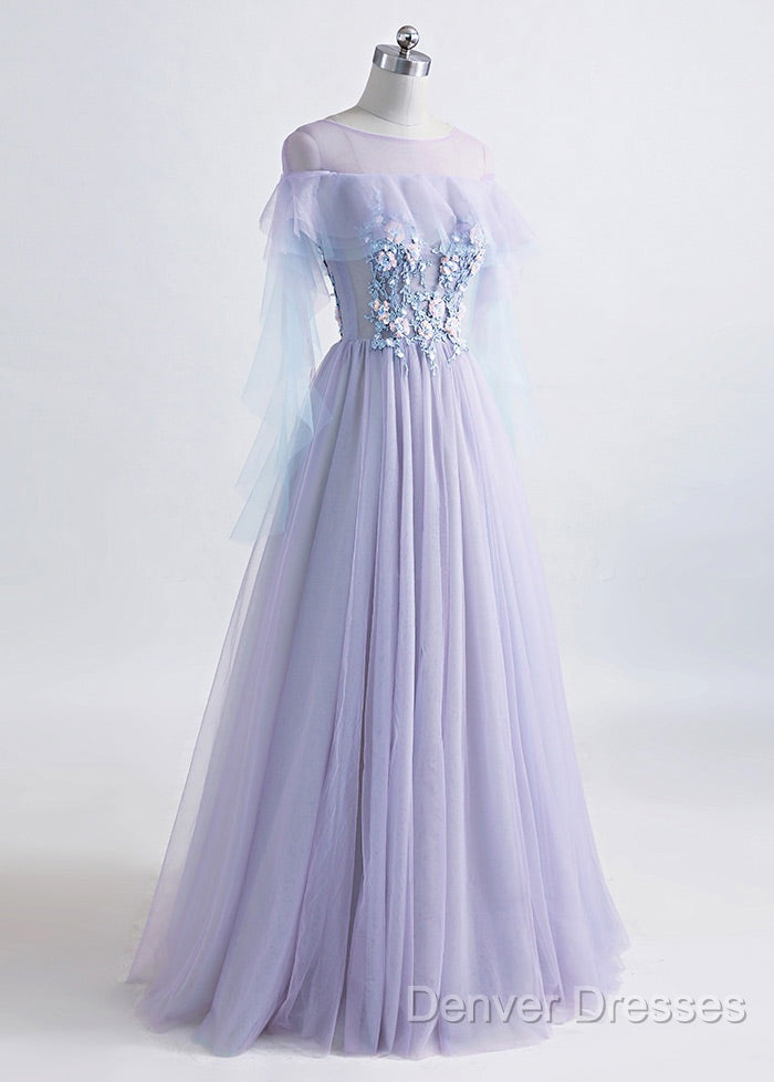 A-Line/Princess Tulle Jewel Floor-Length Prom Dress With Beaded Lace Appliques