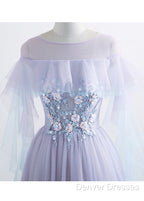 A-Line/Princess Tulle Jewel Floor-Length Prom Dress With Beaded Lace Appliques