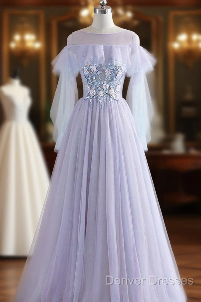 A-Line/Princess Tulle Jewel Floor-Length Prom Dress With Beaded Lace Appliques Main image