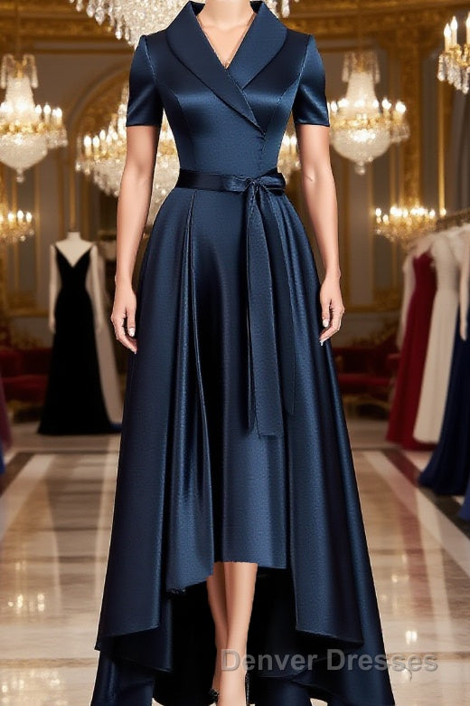 A-Line/Princess V-neck Asymmetrical Satin Mother of the Bride Dress With Belt/Sash Main image