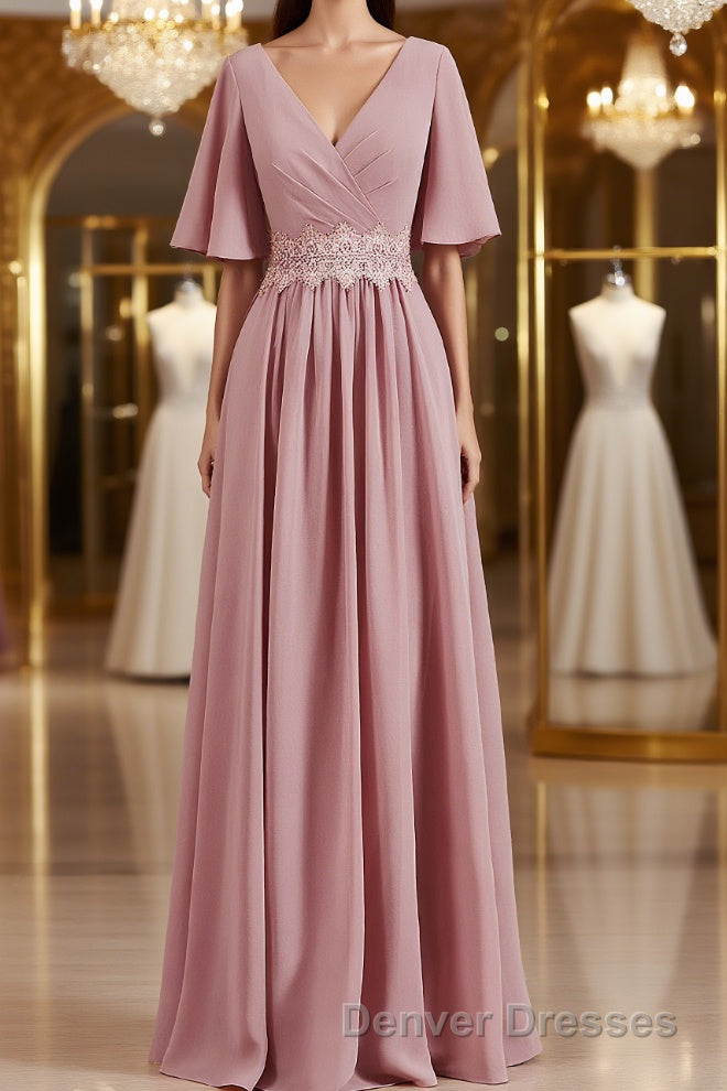 A-Line/Princess V-neck Chiffon Floor-Length Mother of the Bride Dress Main image
