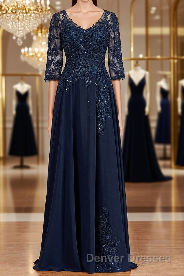 A-Line/Princess V-neck Chiffon Floor-Length Mother of the Bride Dress With Appliques Lace Main image