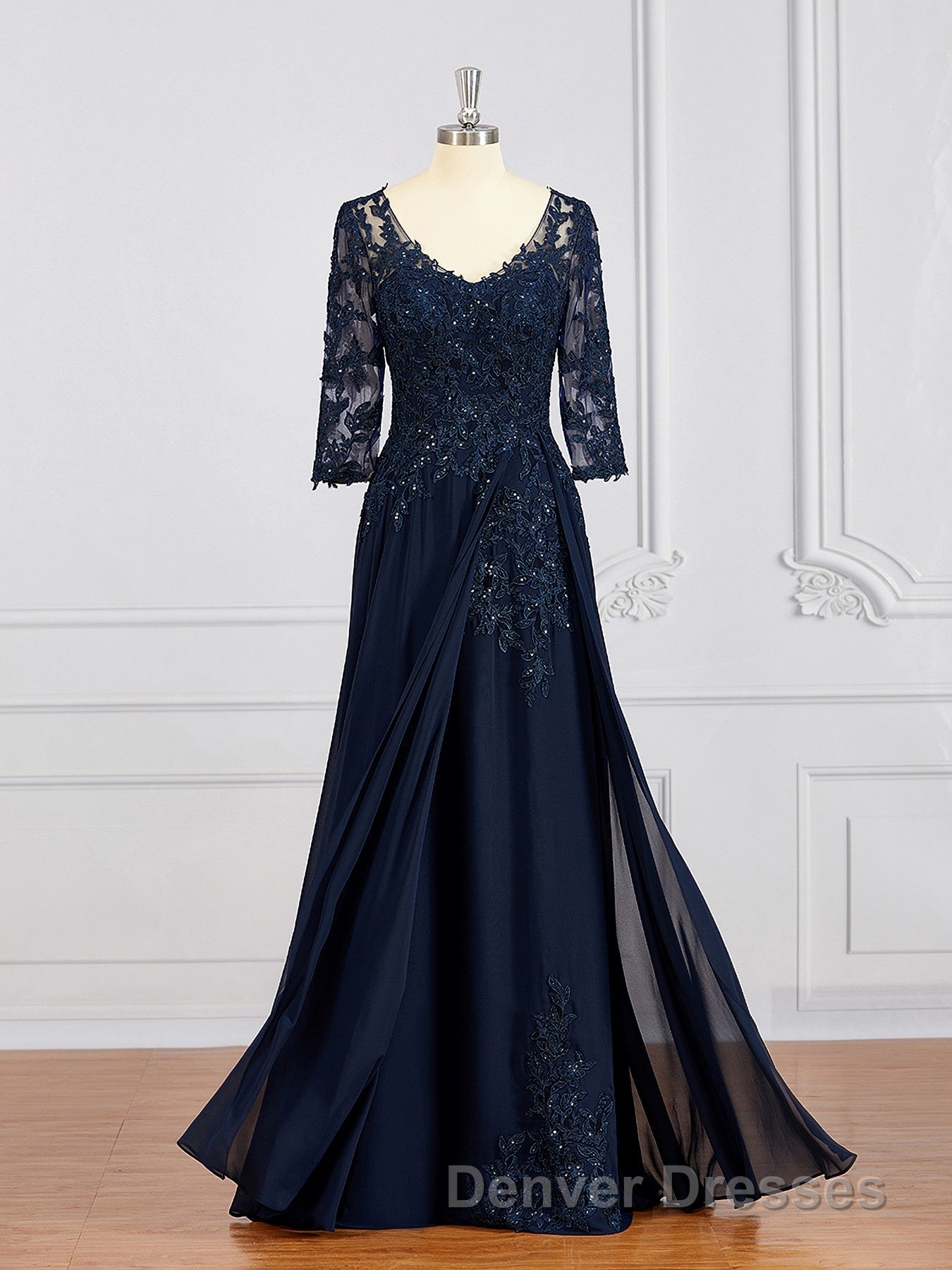 A-Line/Princess V-neck Chiffon Floor-Length Mother of the Bride Dress With Appliques Lace Secondary image
