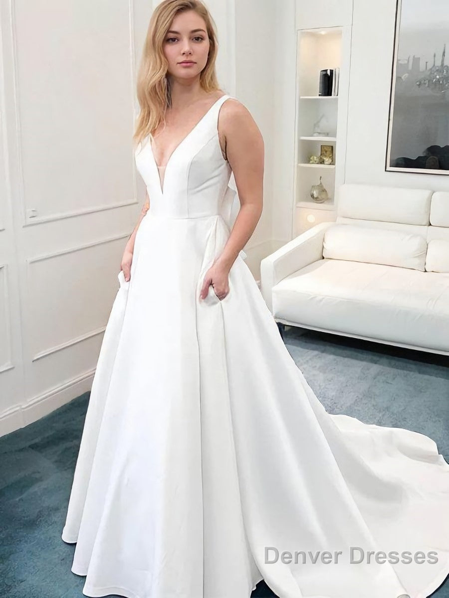 A-Line/Princess V-neck Court Train Satin Wedding Dresses With Bow Main image