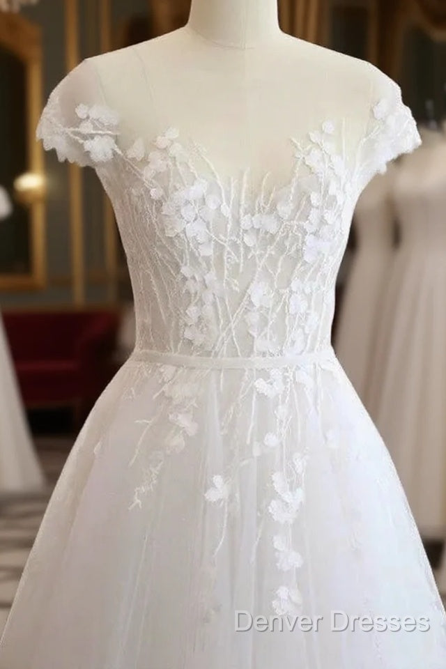 A-Line/Princess V-Neck Court Train Short Sleeves Applique Tulle Wedding Dress Main image