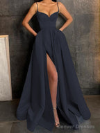 A-Line/Princess V-neck Floor-Length Satin Prom Dresses With Leg Slit