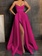 A-Line/Princess V-neck Floor-Length Satin Prom Dresses With Leg Slit