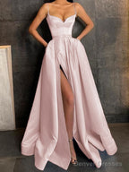 A-Line/Princess V-neck Floor-Length Satin Prom Dresses With Leg Slit
