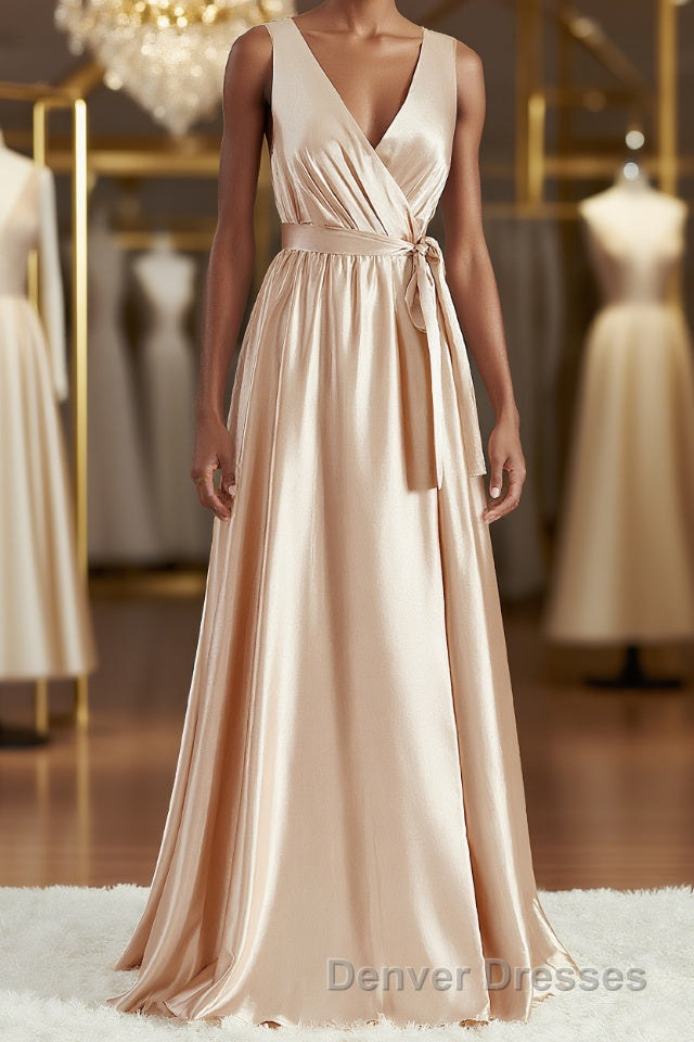 A-Line/Princess V-neck Floor-Length Silk like Satin Bridesmaid Dress with Belt/Sash