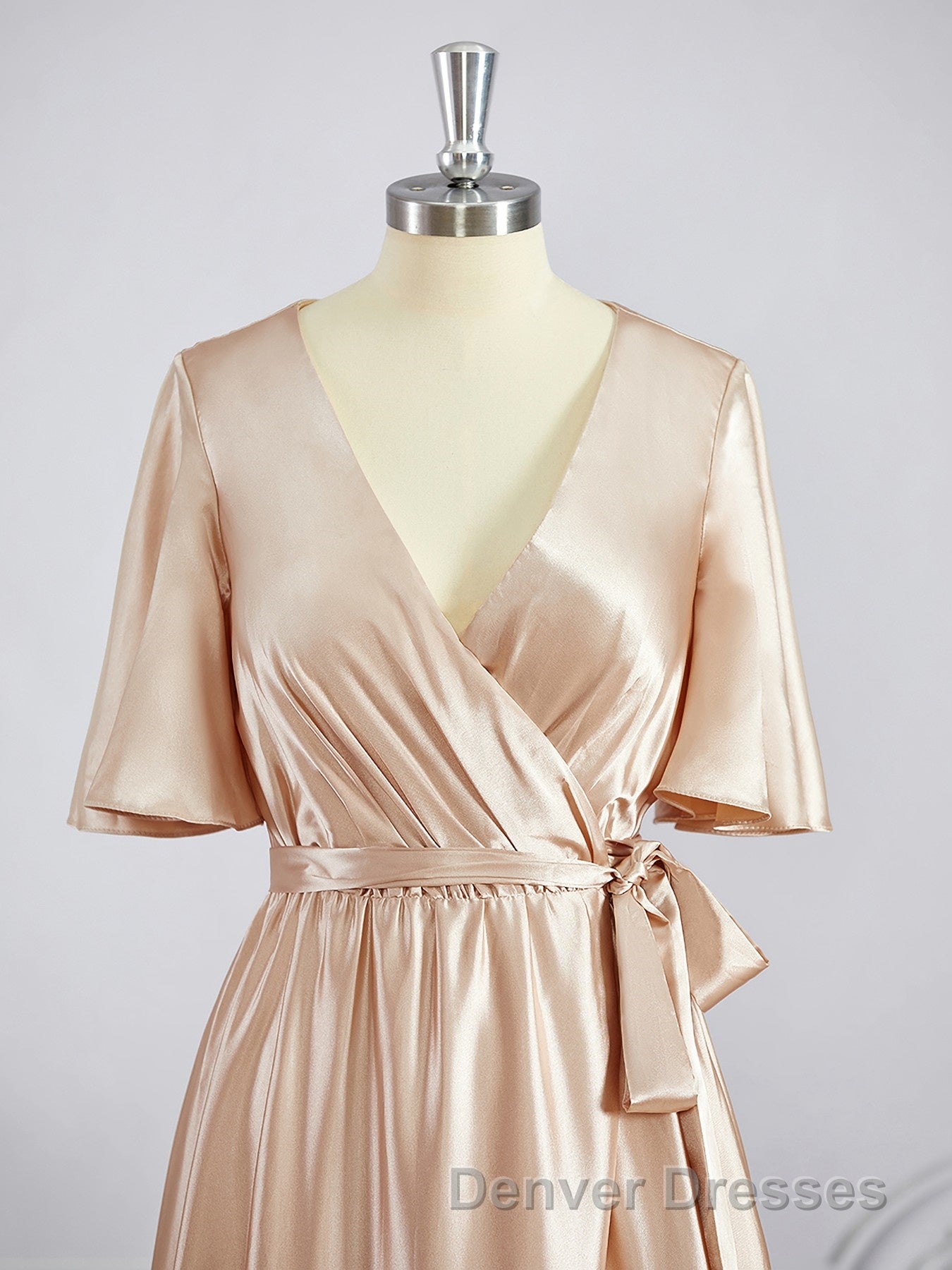 A-Line/Princess V-neck Floor-Length Silk like Satin Bridesmaid Dress with Belt/Sash