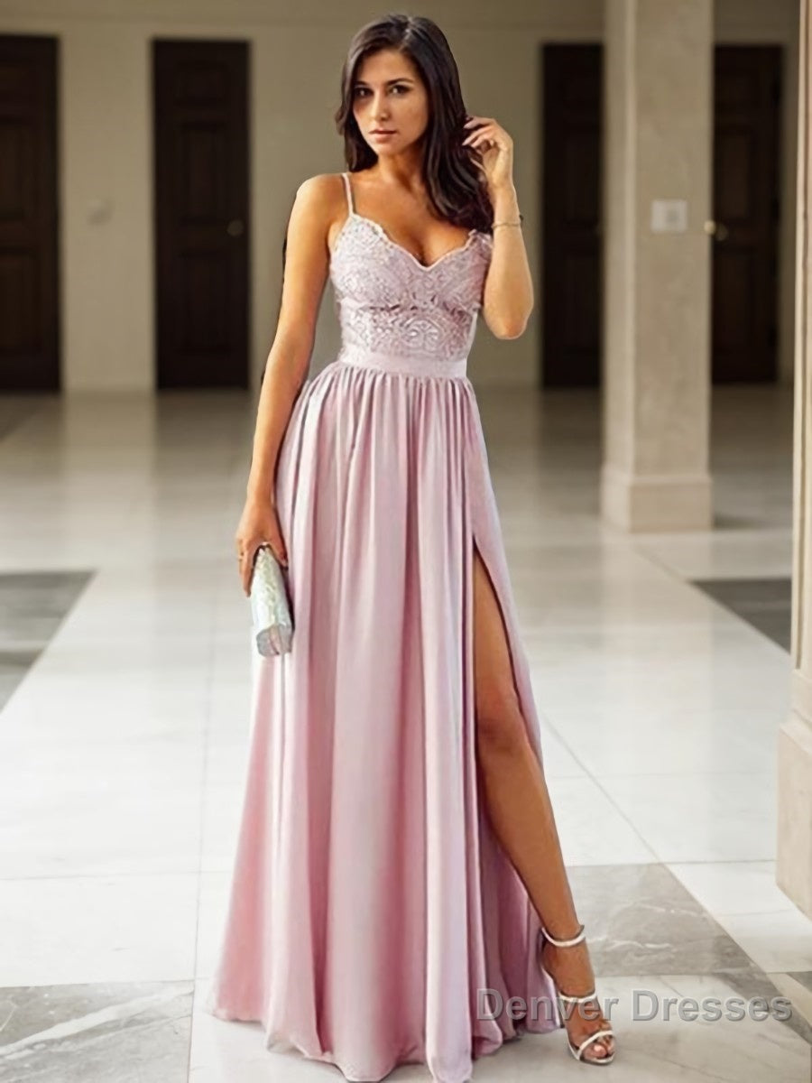 A-Line/Princess V-neck Floor-Length Silk like Satin Prom Dresses With Leg Slit Secondary image