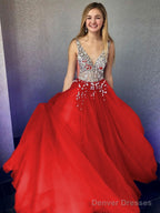 A-Line/Princess V-neck Floor-Length Tulle Evening Dresses With Beading