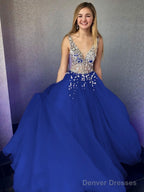 A-Line/Princess V-neck Floor-Length Tulle Evening Dresses With Beading