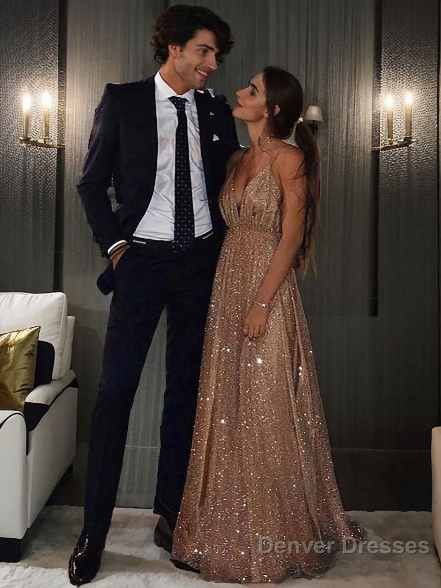 A-Line/Princess V-neck Floor-Length Tulle Prom Dresses Main image