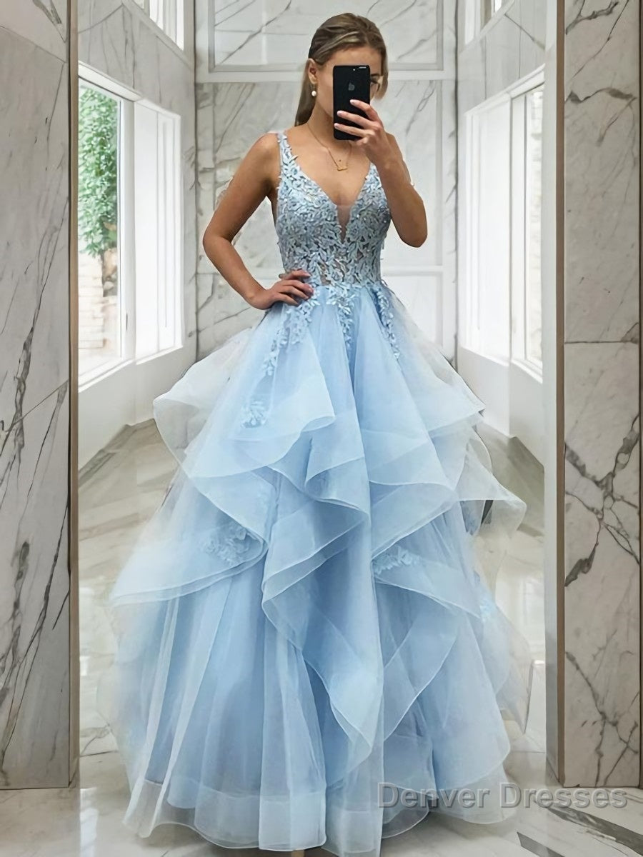 A-Line/Princess V-neck Floor-Length Tulle Prom Dresses Main image