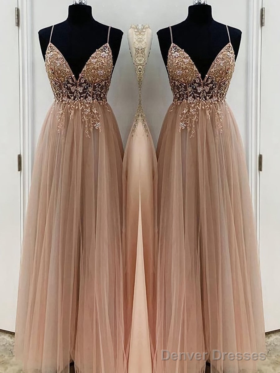 A-Line/Princess V-neck Floor-Length Tulle Prom Dresses With Beading Main image