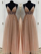 A-Line/Princess V-neck Floor-Length Tulle Prom Dresses With Beading