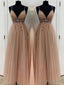 A-Line/Princess V-neck Floor-Length Tulle Prom Dresses With Beading
