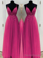 A-Line/Princess V-neck Floor-Length Tulle Prom Dresses With Beading