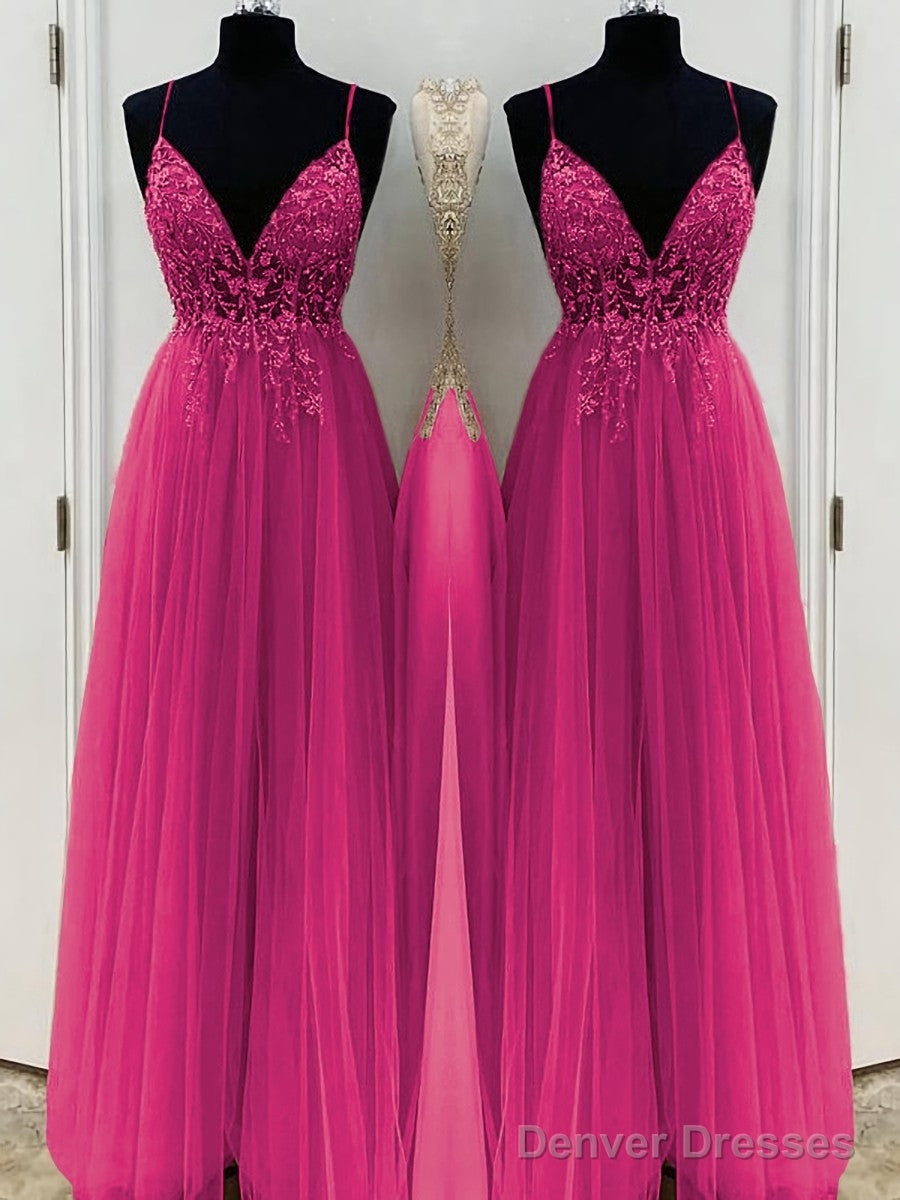A-Line/Princess V-neck Floor-Length Tulle Prom Dresses With Beading