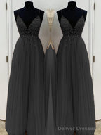 A-Line/Princess V-neck Floor-Length Tulle Prom Dresses With Beading