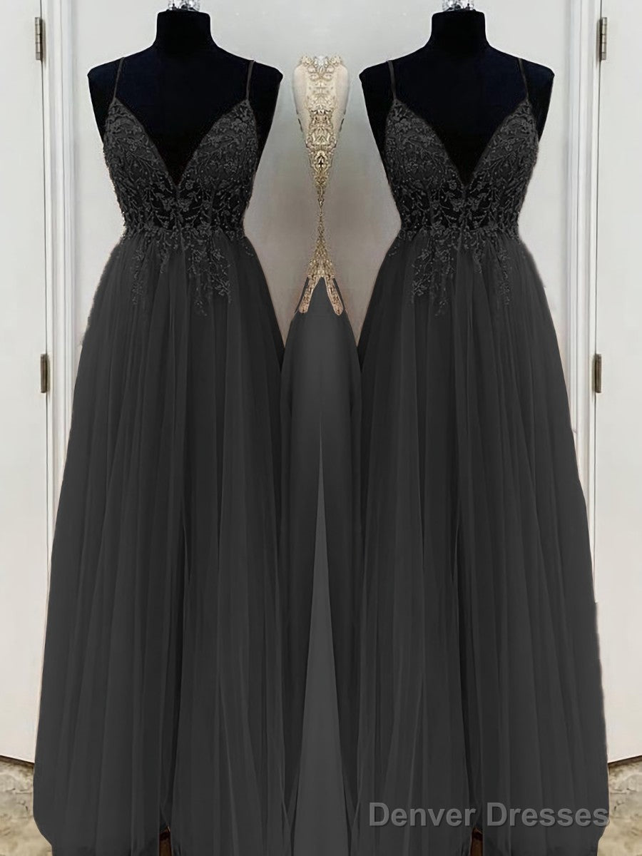 A-Line/Princess V-neck Floor-Length Tulle Prom Dresses With Beading Secondary image