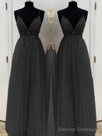 A-Line/Princess V-neck Floor-Length Tulle Prom Dresses With Beading
