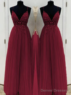 A-Line/Princess V-neck Floor-Length Tulle Prom Dresses With Beading