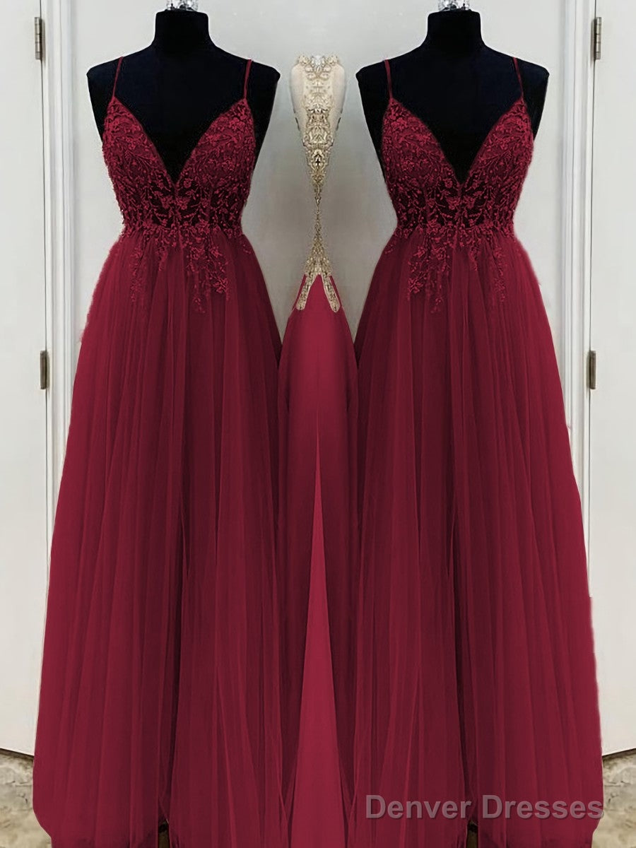 A-Line/Princess V-neck Floor-Length Tulle Prom Dresses With Beading