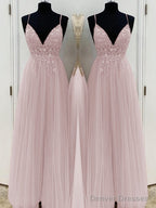 A-Line/Princess V-neck Floor-Length Tulle Prom Dresses With Beading