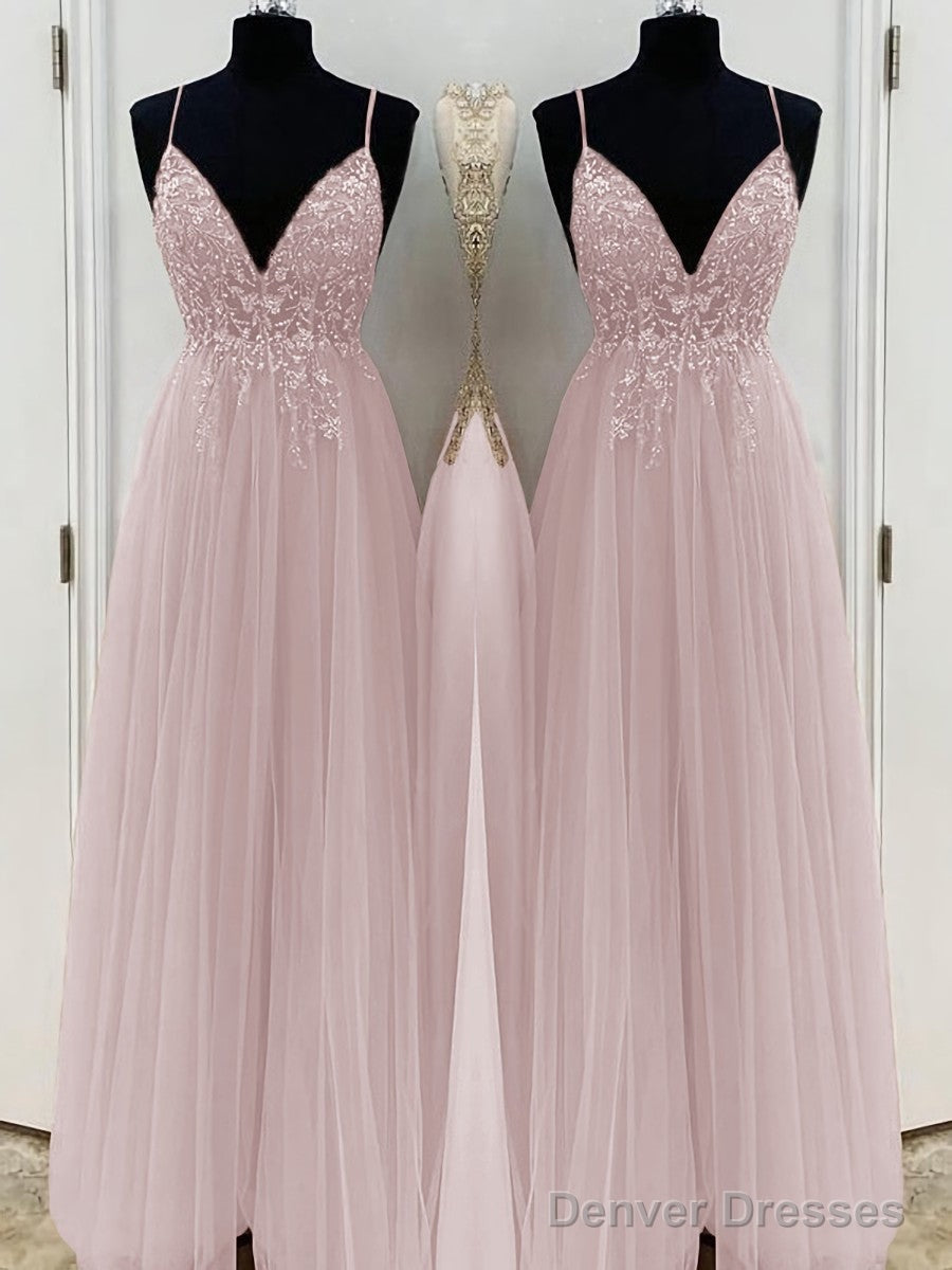 A-Line/Princess V-neck Floor-Length Tulle Prom Dresses With Beading