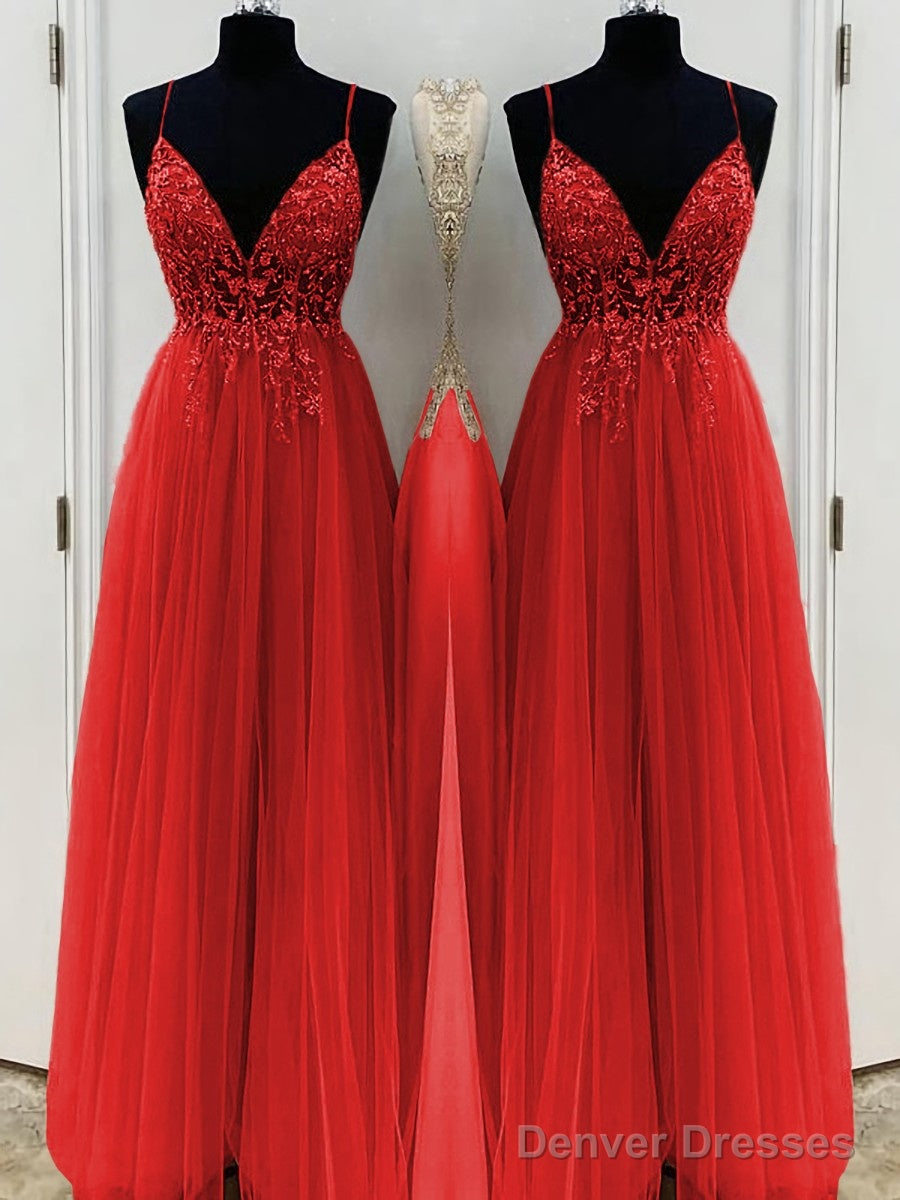 A-Line/Princess V-neck Floor-Length Tulle Prom Dresses With Beading