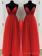 A-Line/Princess V-neck Floor-Length Tulle Prom Dresses With Beading